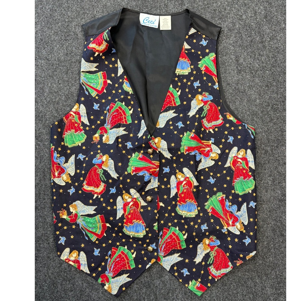 Vintage Ceci Christmas Angel Vest Navy Blue Gold Button Holiday SM Made in USA
